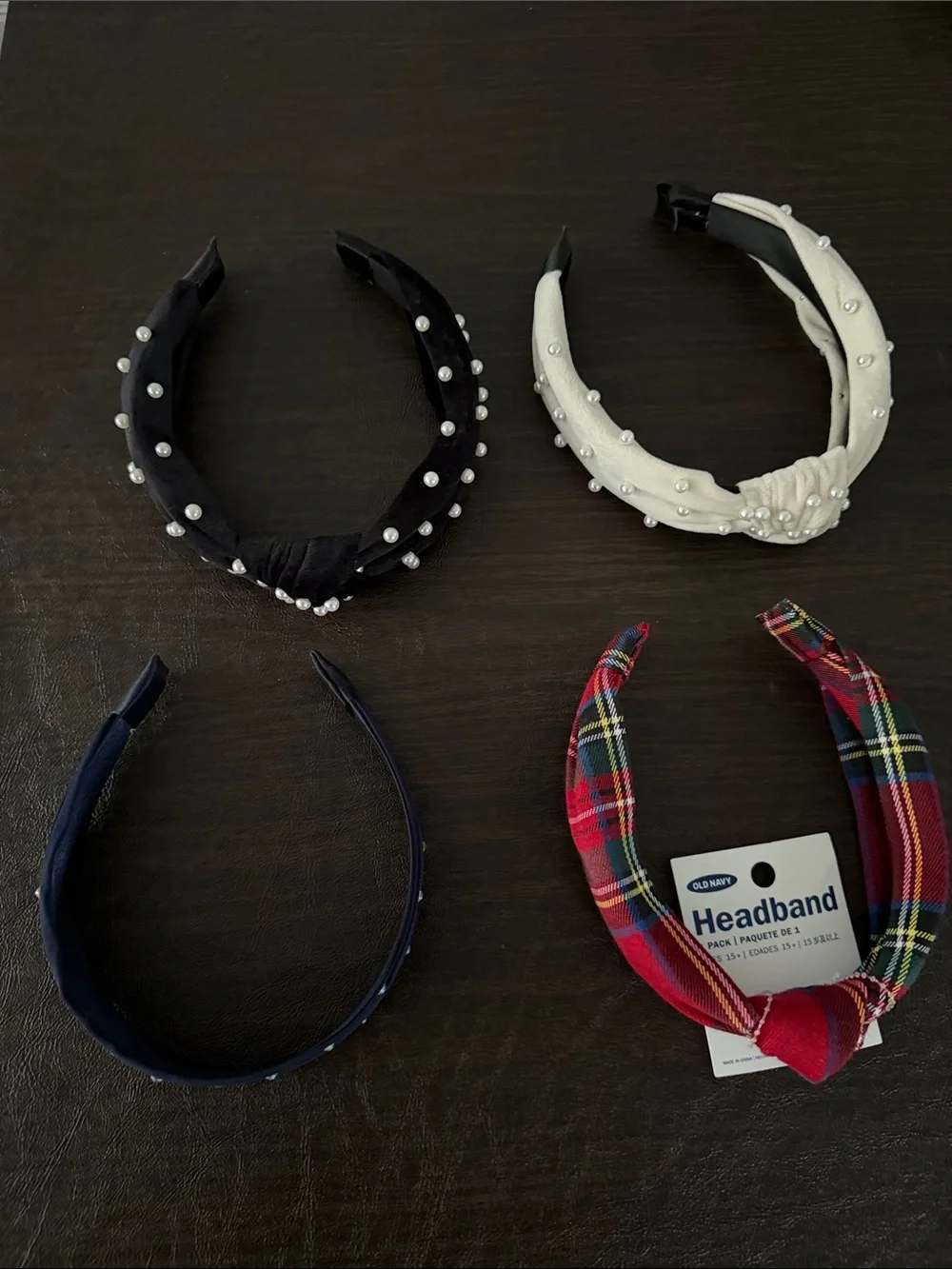 Kids Pearl-Accent Headband Set - Black, White, Navy, Red Plaid